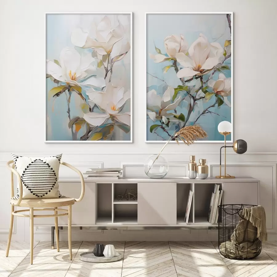 Papier peint Fleurs de magnolia blanches, fond bleu clair avec des coups de pinceau doux, style peinture à l'huile, texture impasto d00881