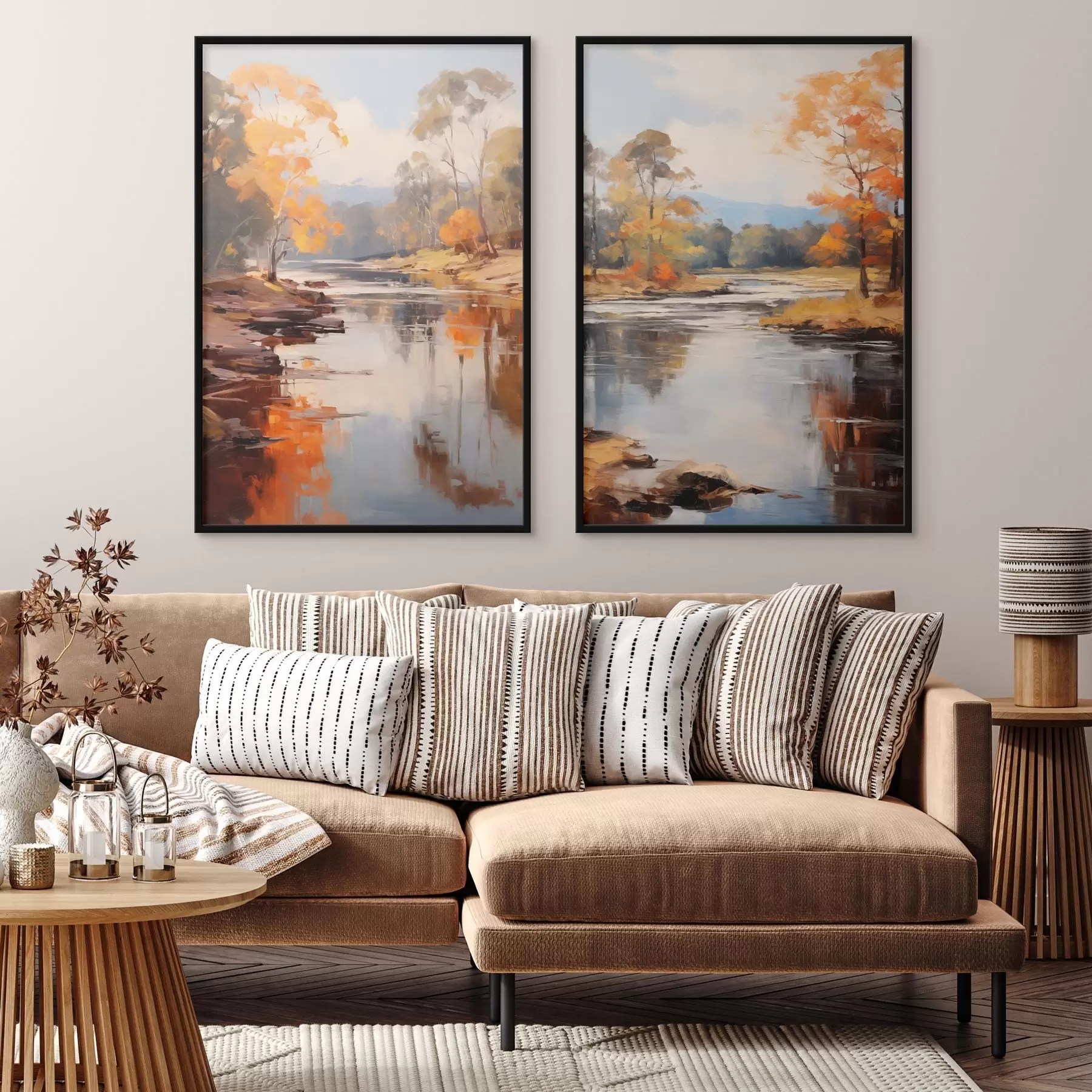 Papier peint Paysage automnal, rivière bordée d'arbres, forêt en arrière-plan, reflets sur l'eau d00883