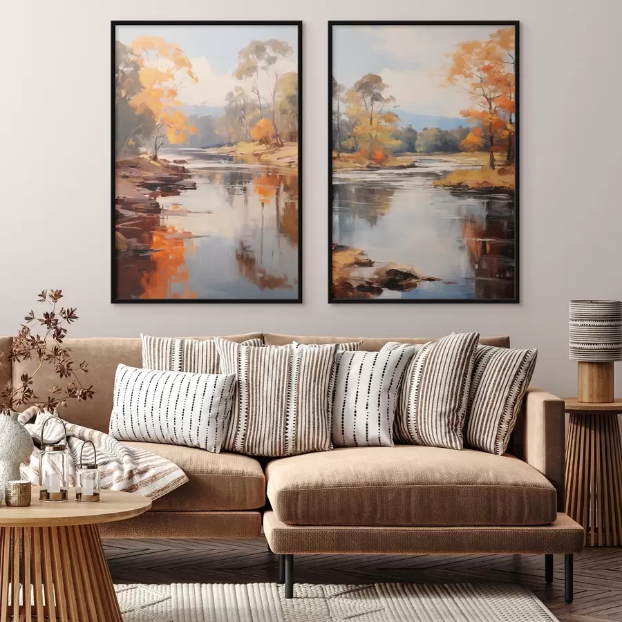 Papier peint Paysage automnal, rivière bordée d'arbres, forêt en arrière-plan, reflets sur l'eau d00883