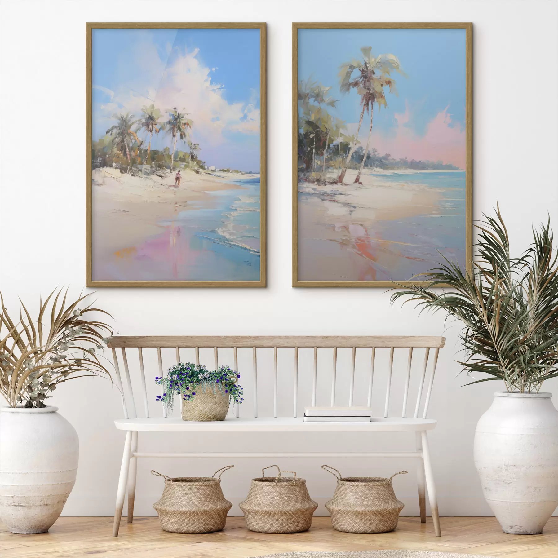 Papier peint Paysage abstrait, une plage avec des palmiers, une journée ensoleillée avec un ciel bleu et quelques nuages d00885