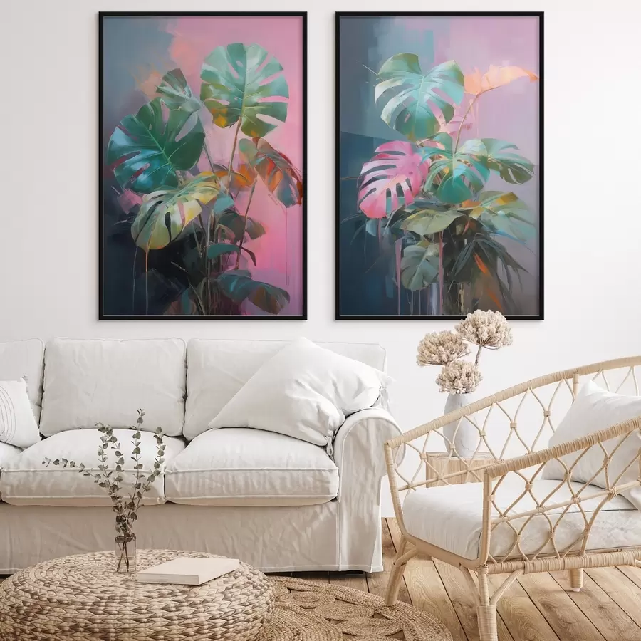 Papier peint Plante abstraite monstera aux feuilles d'un vert éclatant, sur fond de douces teintes roses et violettes d00886