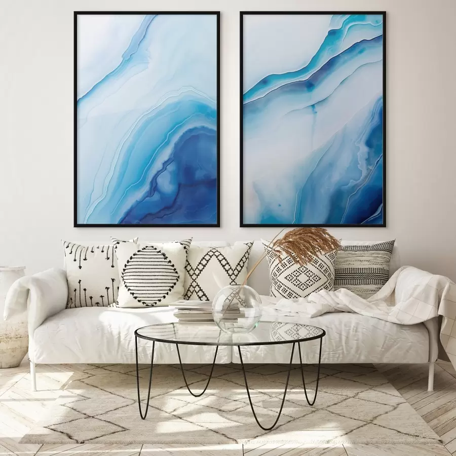 Papier peint Imprimé abstrait bleu et blanc agate, lignes tourbillonnantes et dégradés, texture lisse, art moderne, minimaliste d00888