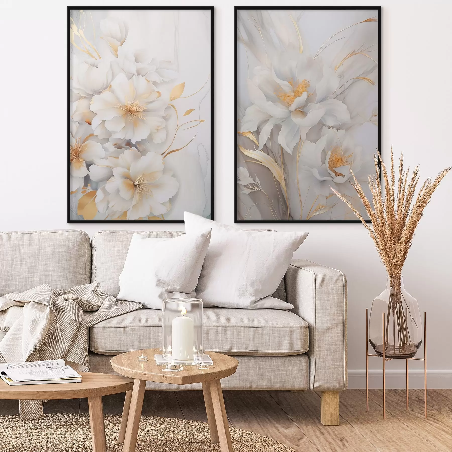 Papier peint Fleurs blanches avec des détails jaunes, pétales avec des ombres subtiles, fond clair avec un effet marbré subtil d00889