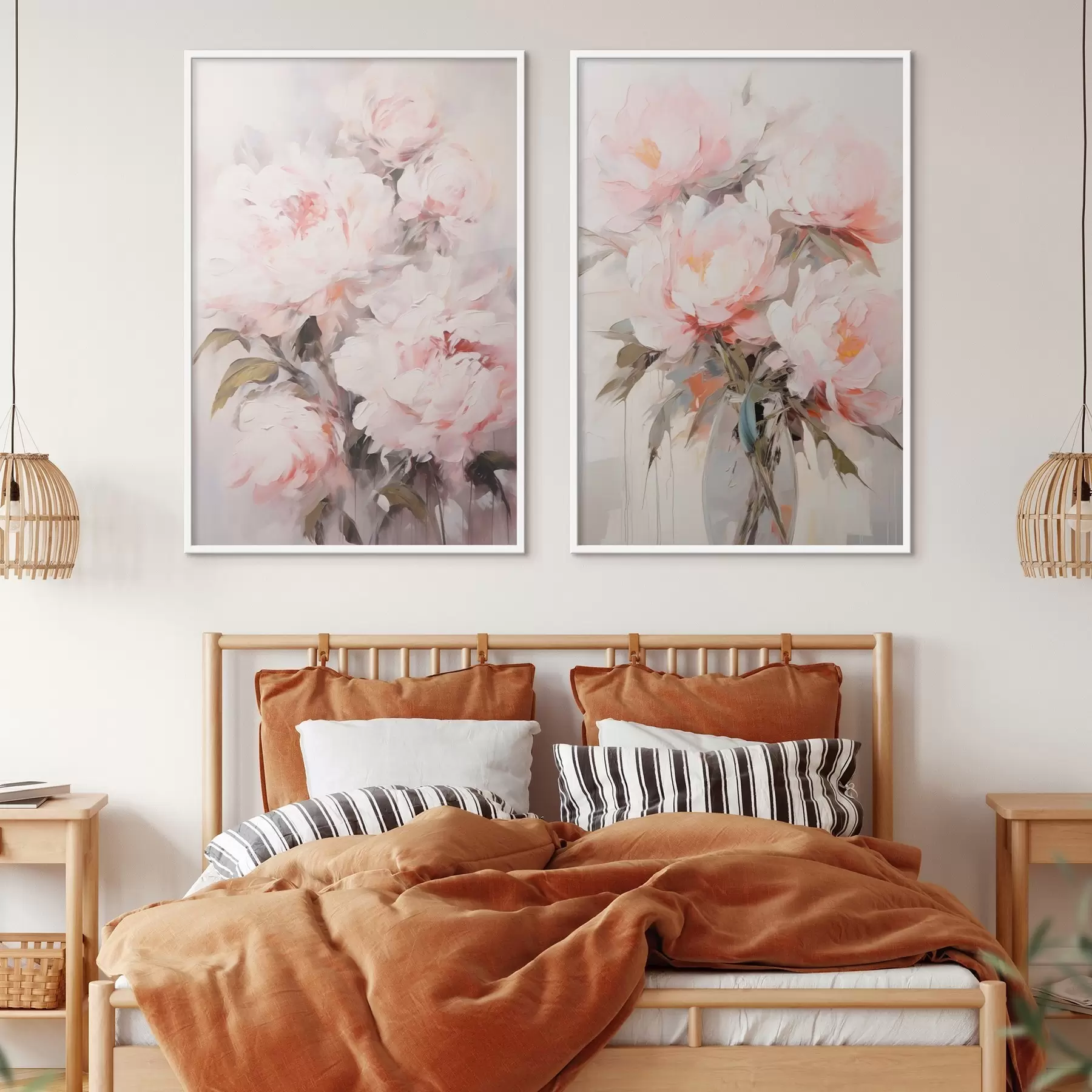 Papier peint Bouquet de pivoines rose pâle avec des feuilles vertes, coups de pinceau doux, couleurs pastel, sur fond clair d00890