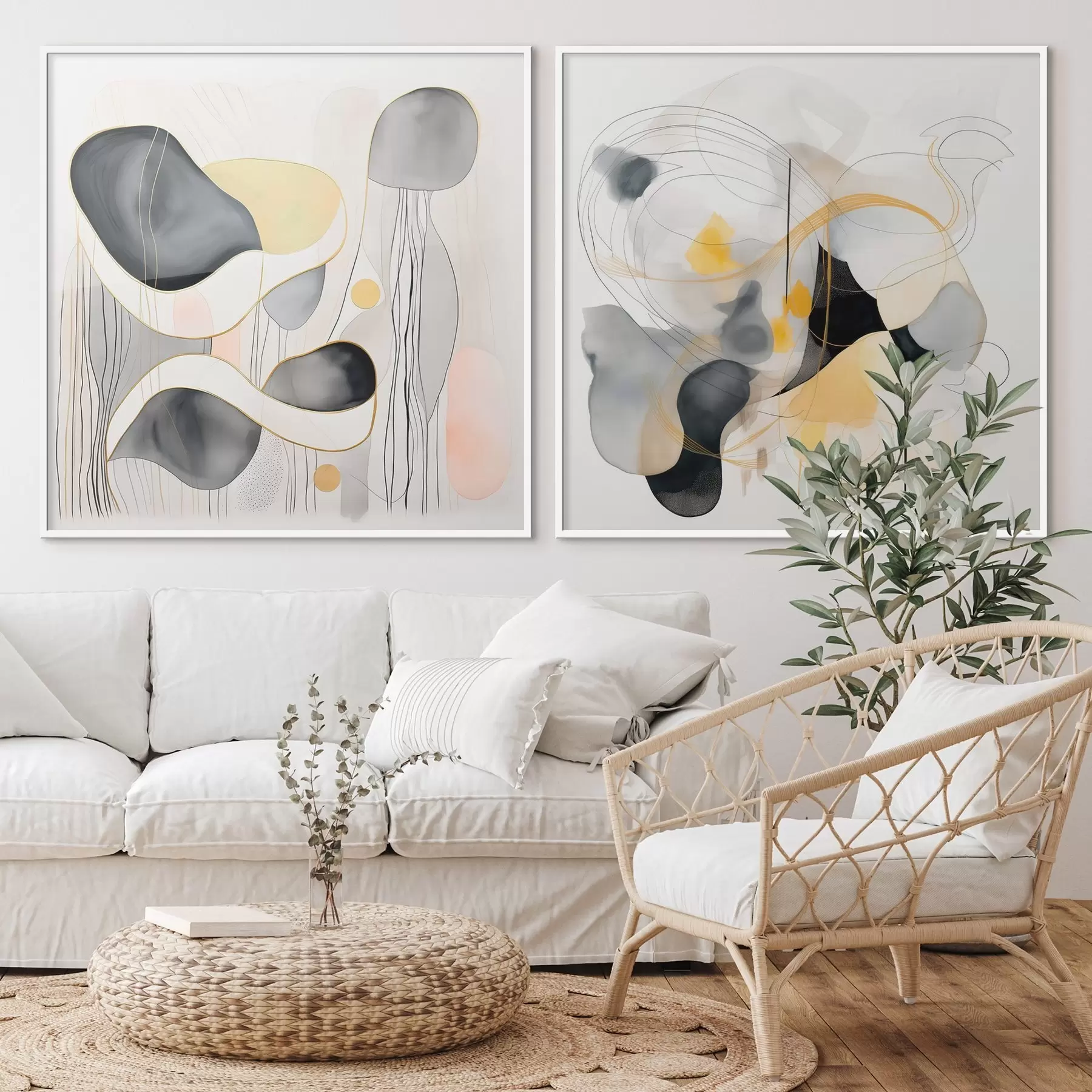 Papier peint Monochrome et accents jaunes dans un style abstrait d00905