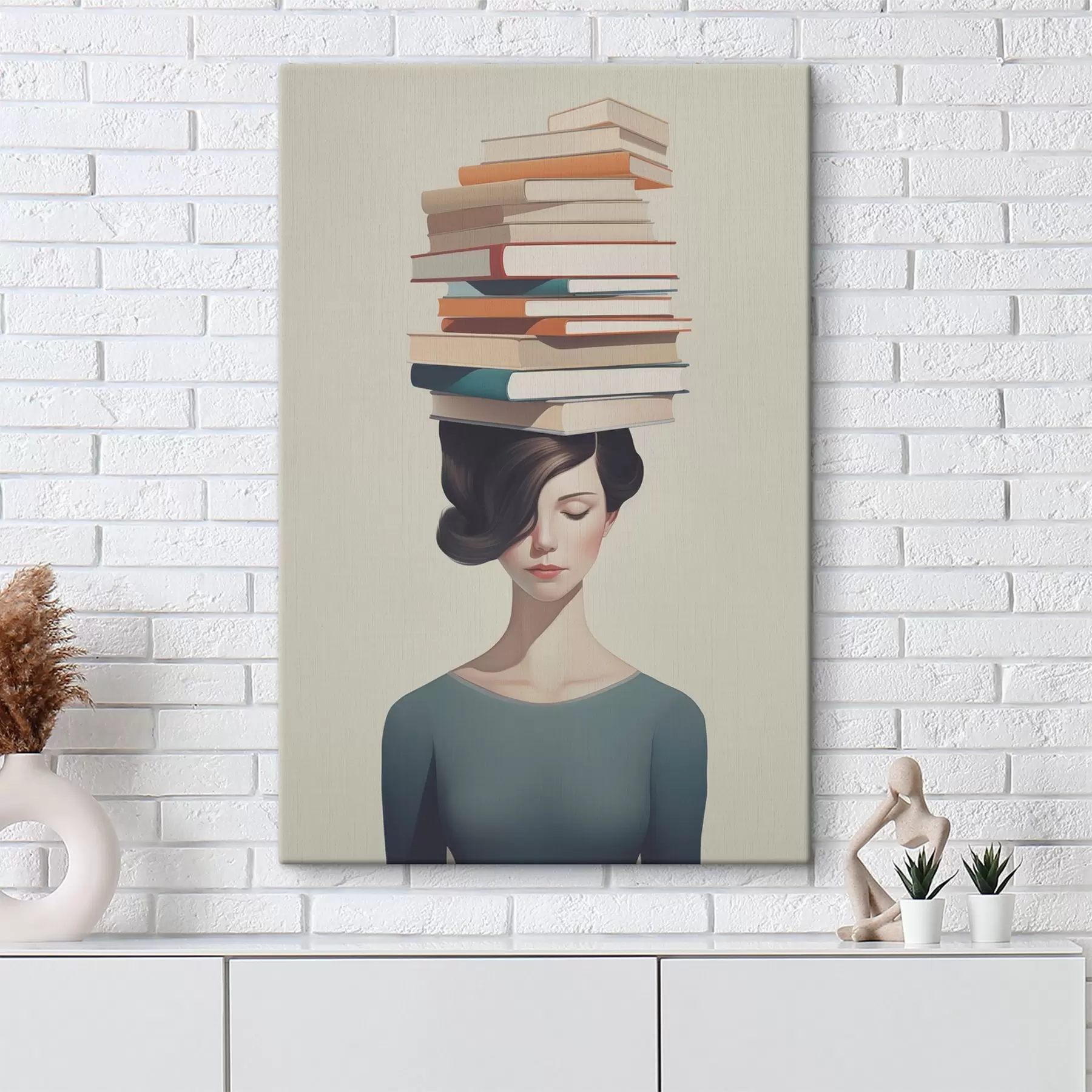 Tableau Portrait surréaliste d'une fille avec des livres s47334