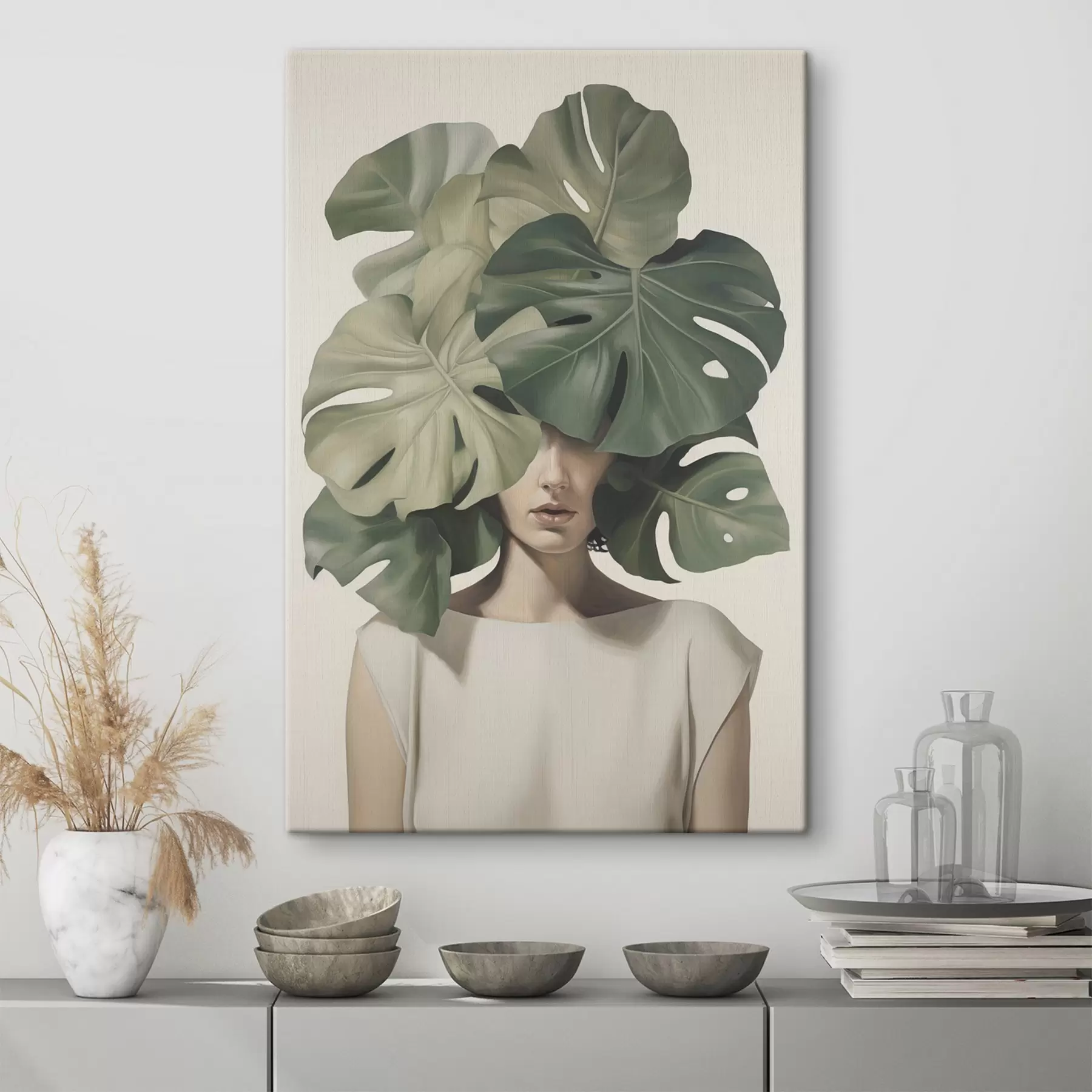 Tableau Portrait abstrait d'une fille avec des feuilles de monstera s47336