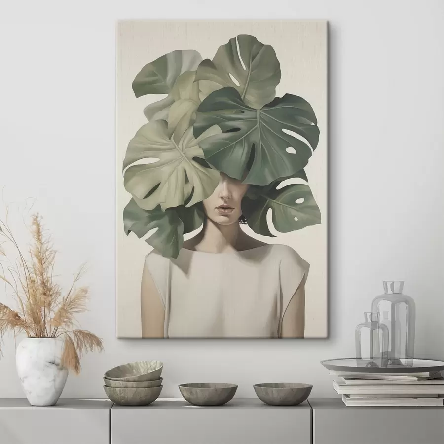 Tableau Portrait abstrait d'une fille avec des feuilles de monstera s47336