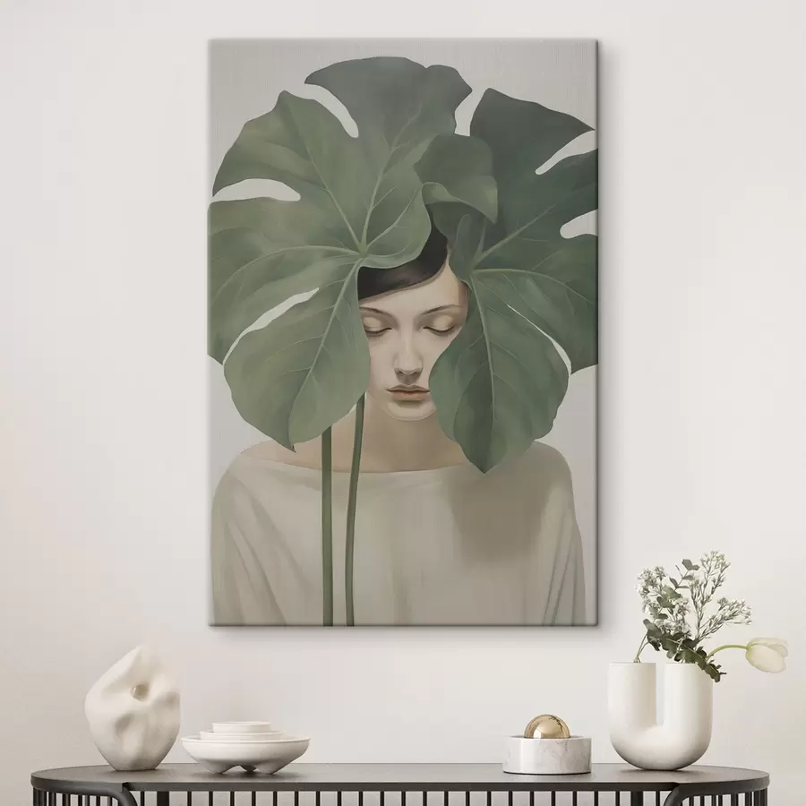 Tableau Fille avec des feuilles tropicales s47335