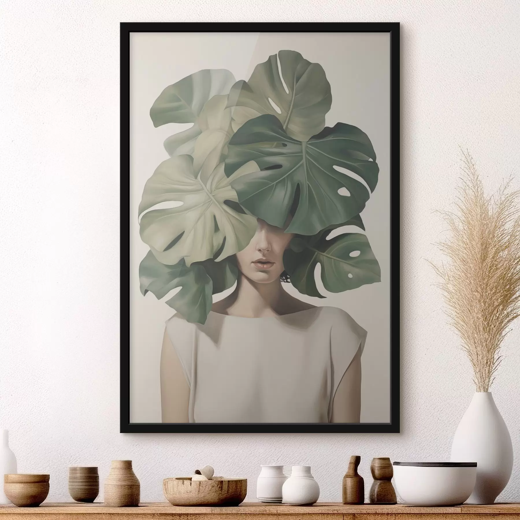 Papier peint Portrait abstrait d'une fille avec des feuilles de monstera f47336