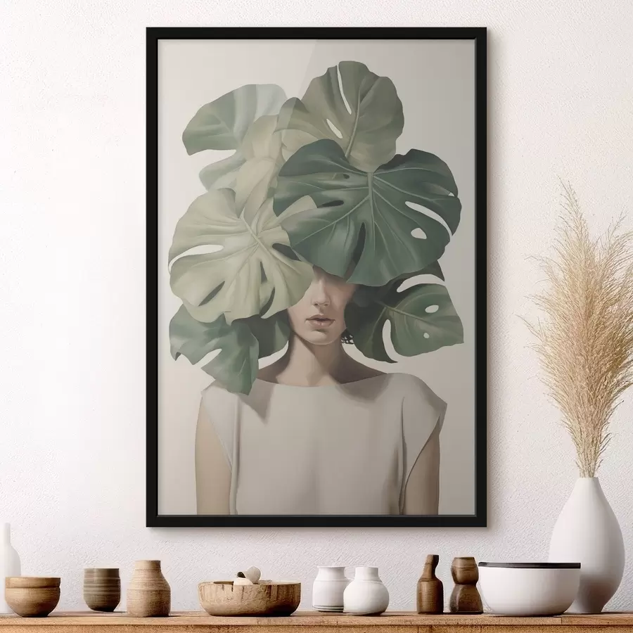 Papier peint Portrait abstrait d'une fille avec des feuilles de monstera f47336