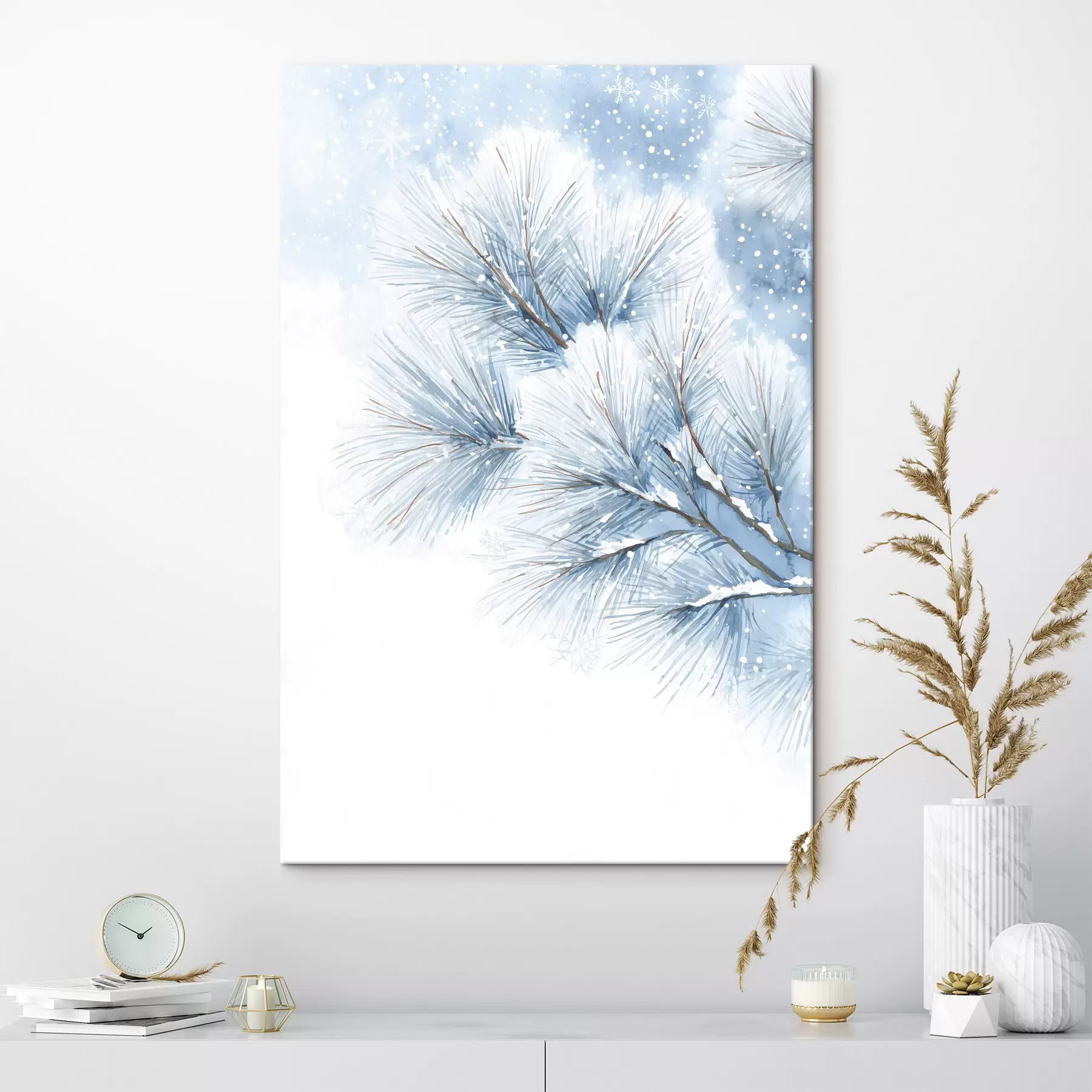 Tableau branche de pin enneigée peinte à l'aquarelle s47114