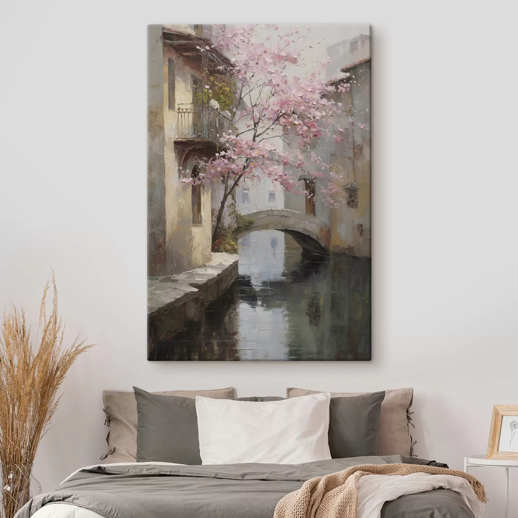 Tableau paysage urbain romantique avec un arbre en fleurs dans le style d'une peinture à l'huile s47126