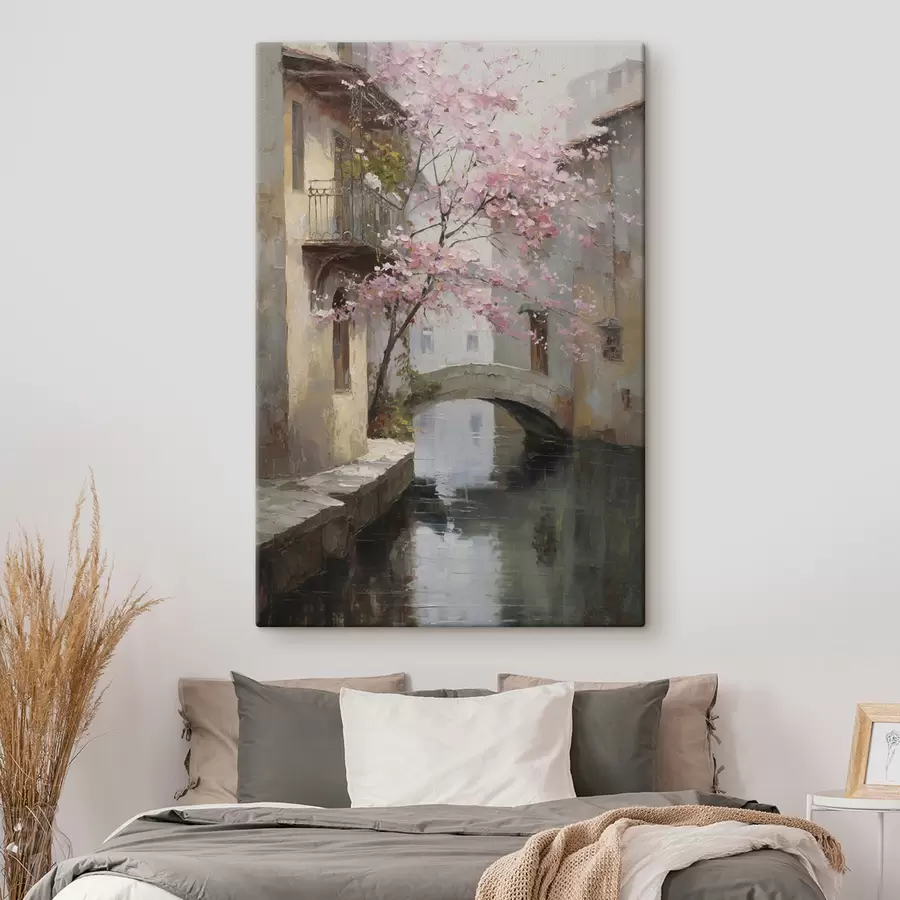 Tableau paysage urbain romantique avec un arbre en fleurs dans le style d'une peinture à l'huile s47126