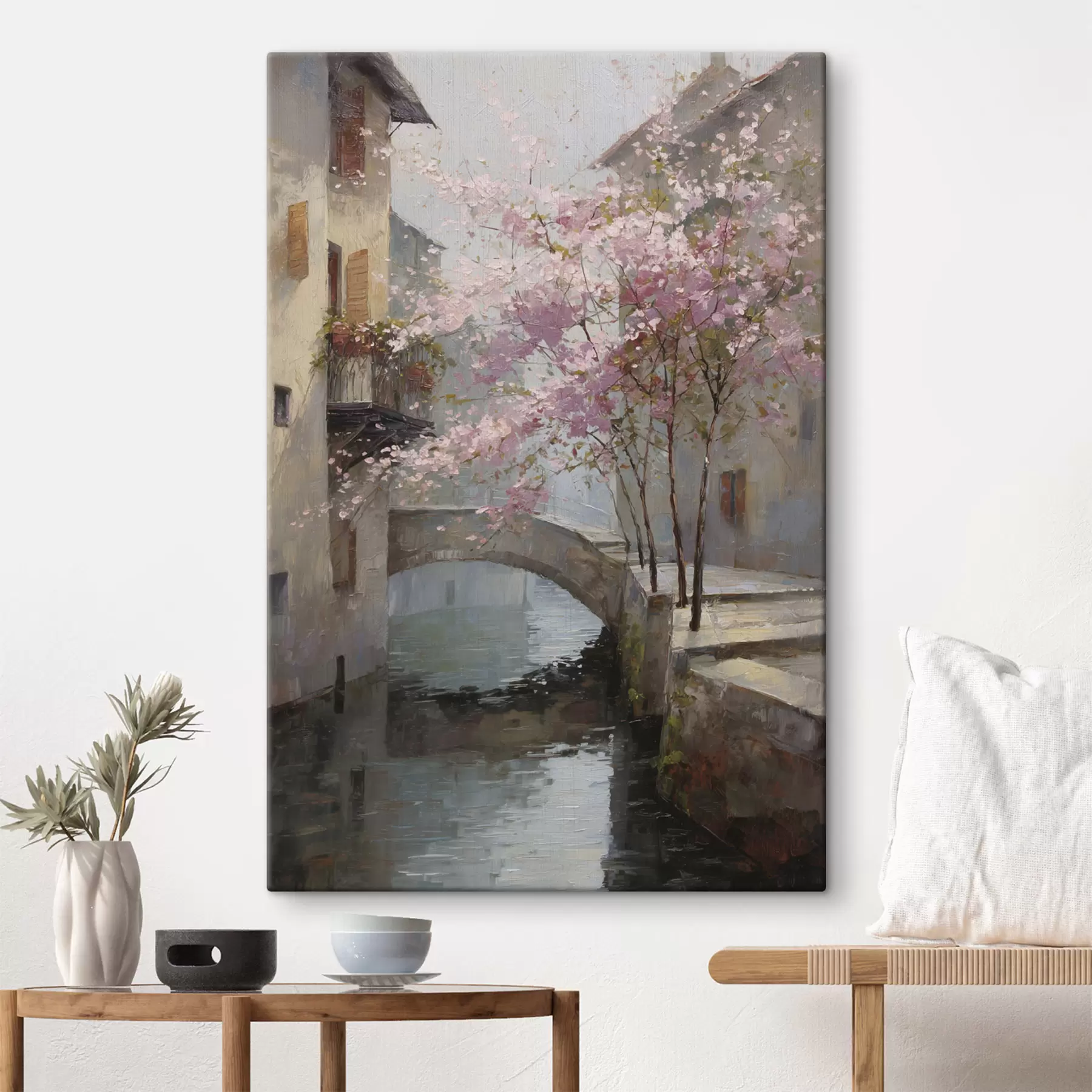 Tableau paysage urbain romantique avec un arbre en fleurs dans le style d'une peinture à l'huile s47127