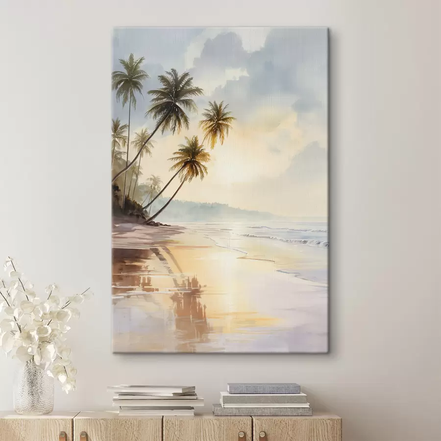 Tableau plage au coucher du soleil sur une île, style aquarelle s47136