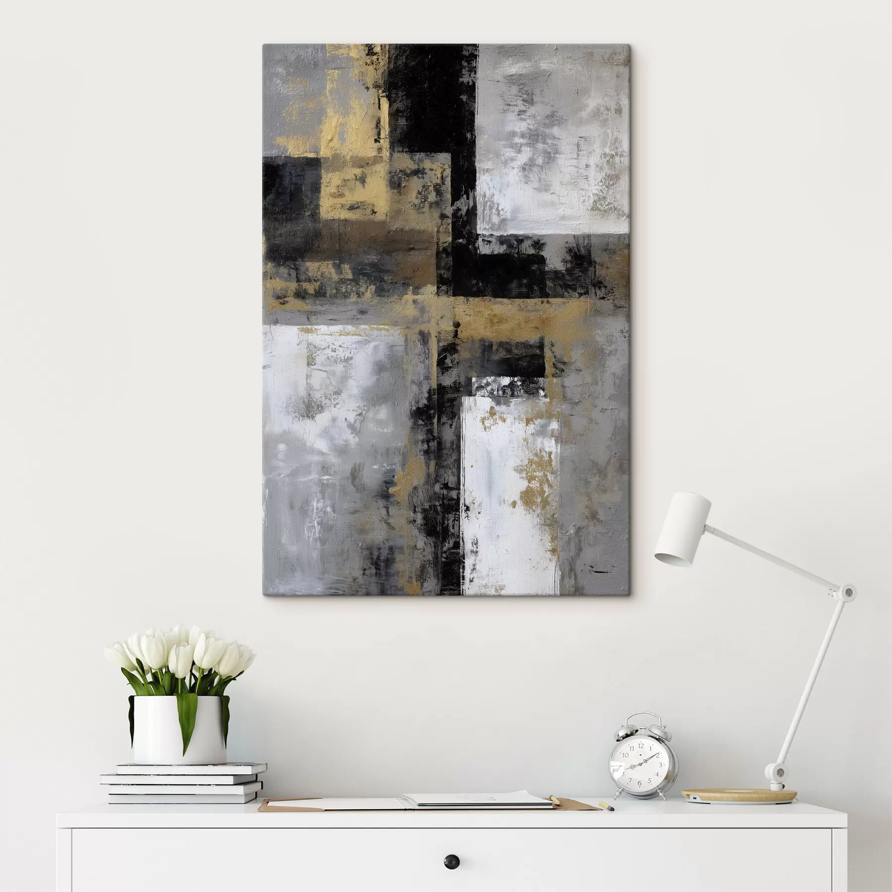 Tableau abstraction texturale contemporaine dans des tons noirs, gris et blancs s47139