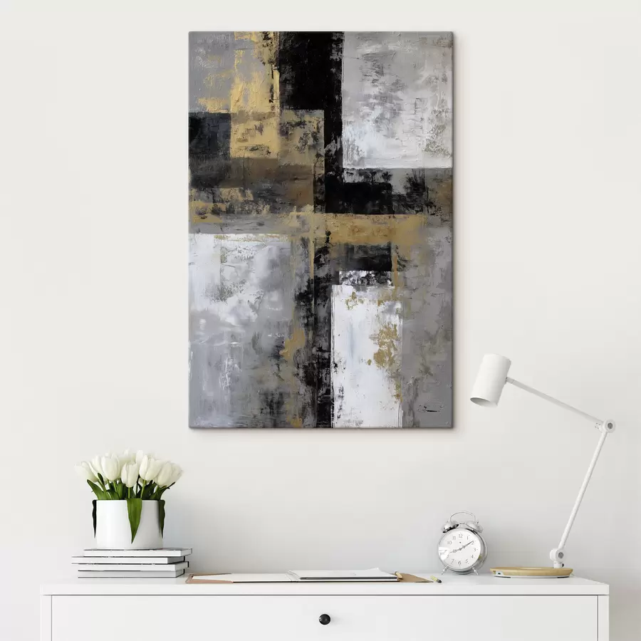 Tableau abstraction texturale contemporaine dans des tons noirs, gris et blancs s47139