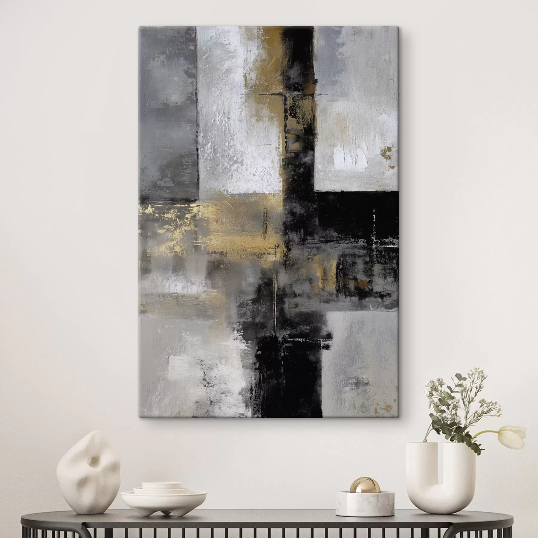 Tableau abstraction texturale contemporaine dans des tons noirs, gris et blancs s47140