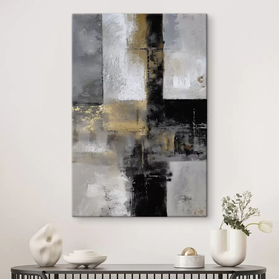 Tableau abstraction texturale contemporaine dans des tons noirs, gris et blancs s47140