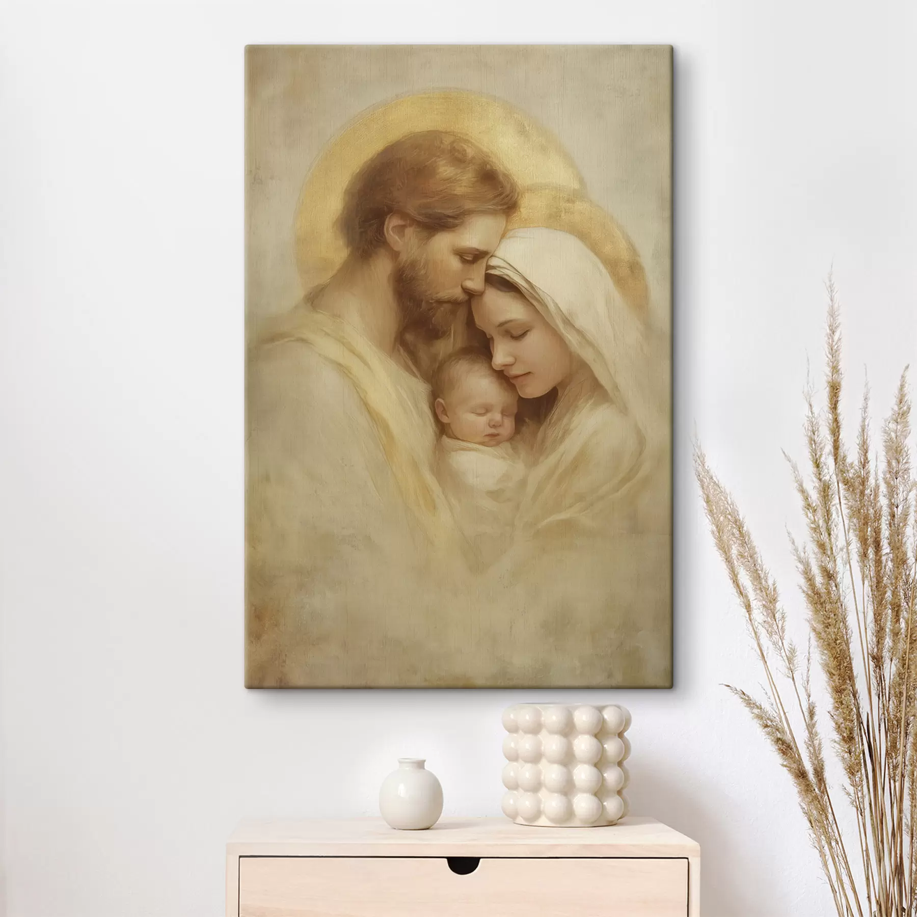 Tableau La Vierge Marie et Joseph avec l'enfant Jésus dans le style d'une fresque ancienne s47141