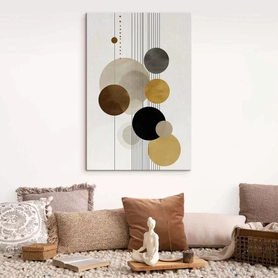 Tableau abstraction avec des cercles et des lignes dans des couleurs chaudes s47237