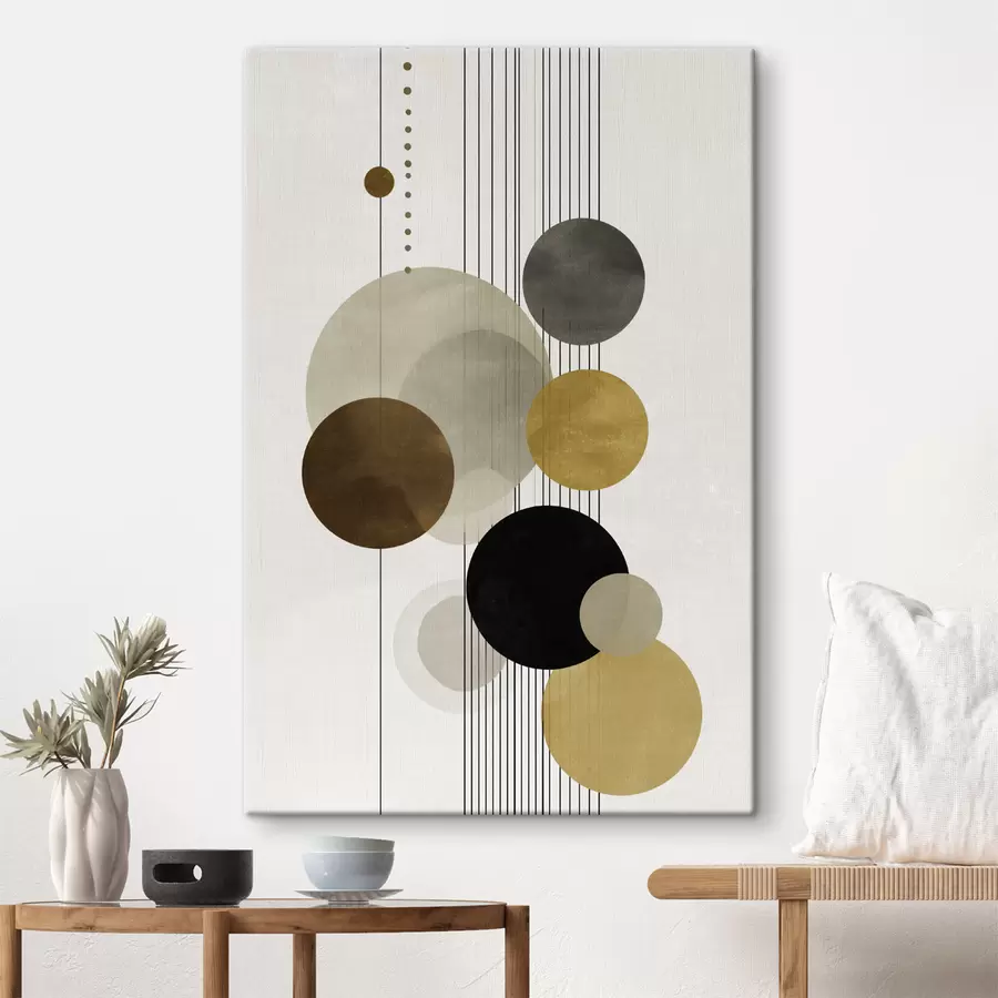 Tableau abstraction avec des cercles et des lignes dans des couleurs chaudes s47237