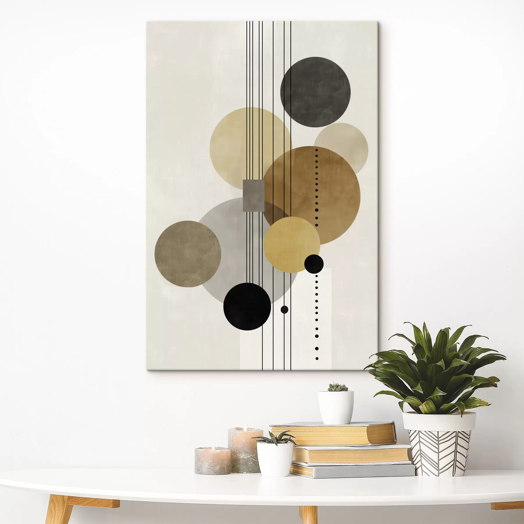 Tableau abstraction avec des cercles et des lignes dans des couleurs chaudes s47238