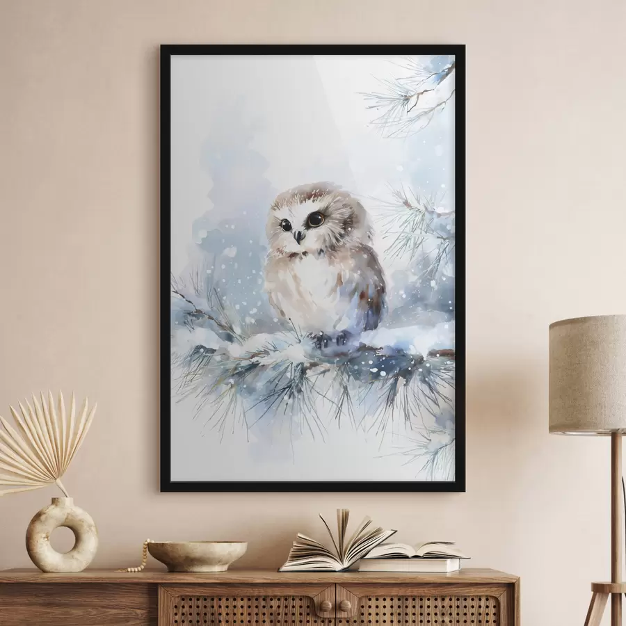 Papier peint Jolie chouette sur une branche de pin enneigée, peinte à l'aquarelle f47115