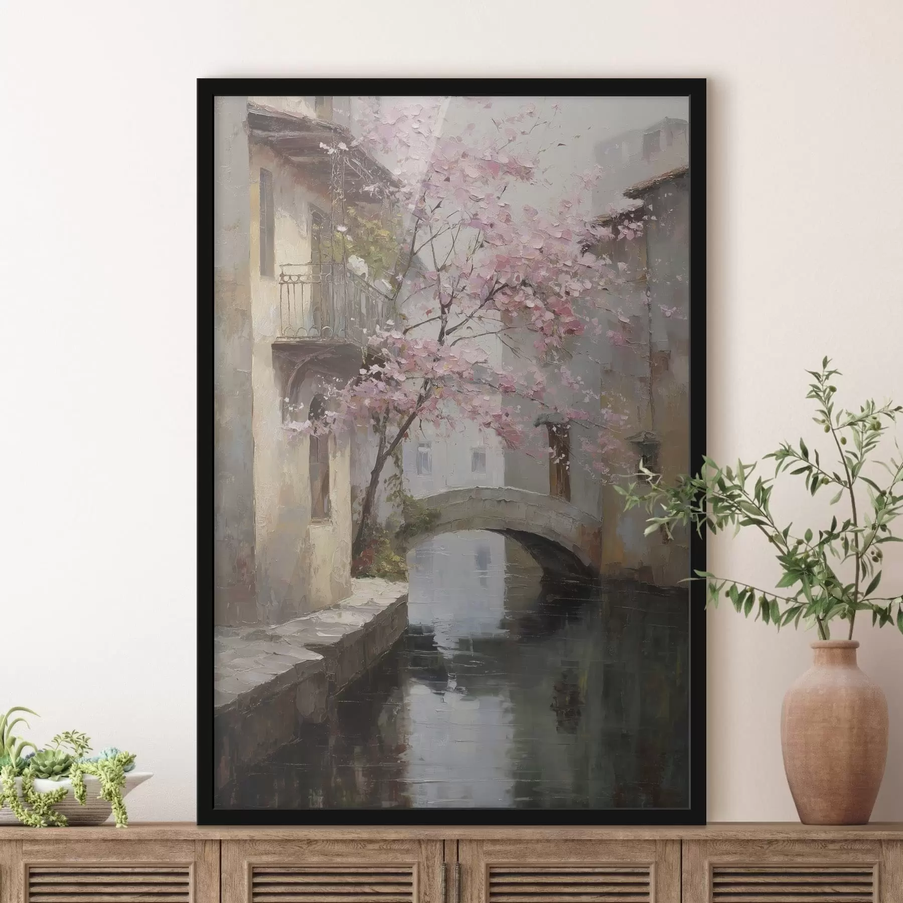 Papier peint paysage urbain romantique avec un arbre en fleurs dans le style d'une peinture à l'huile f47126