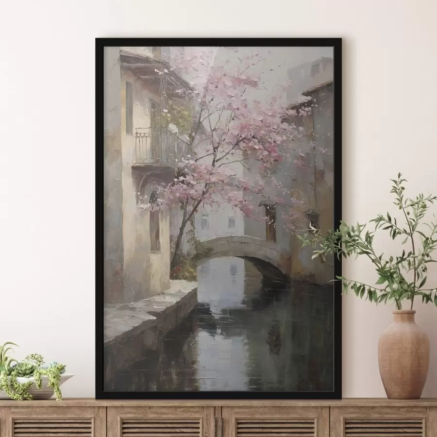 Papier peint paysage urbain romantique avec un arbre en fleurs dans le style d'une peinture à l'huile f47126