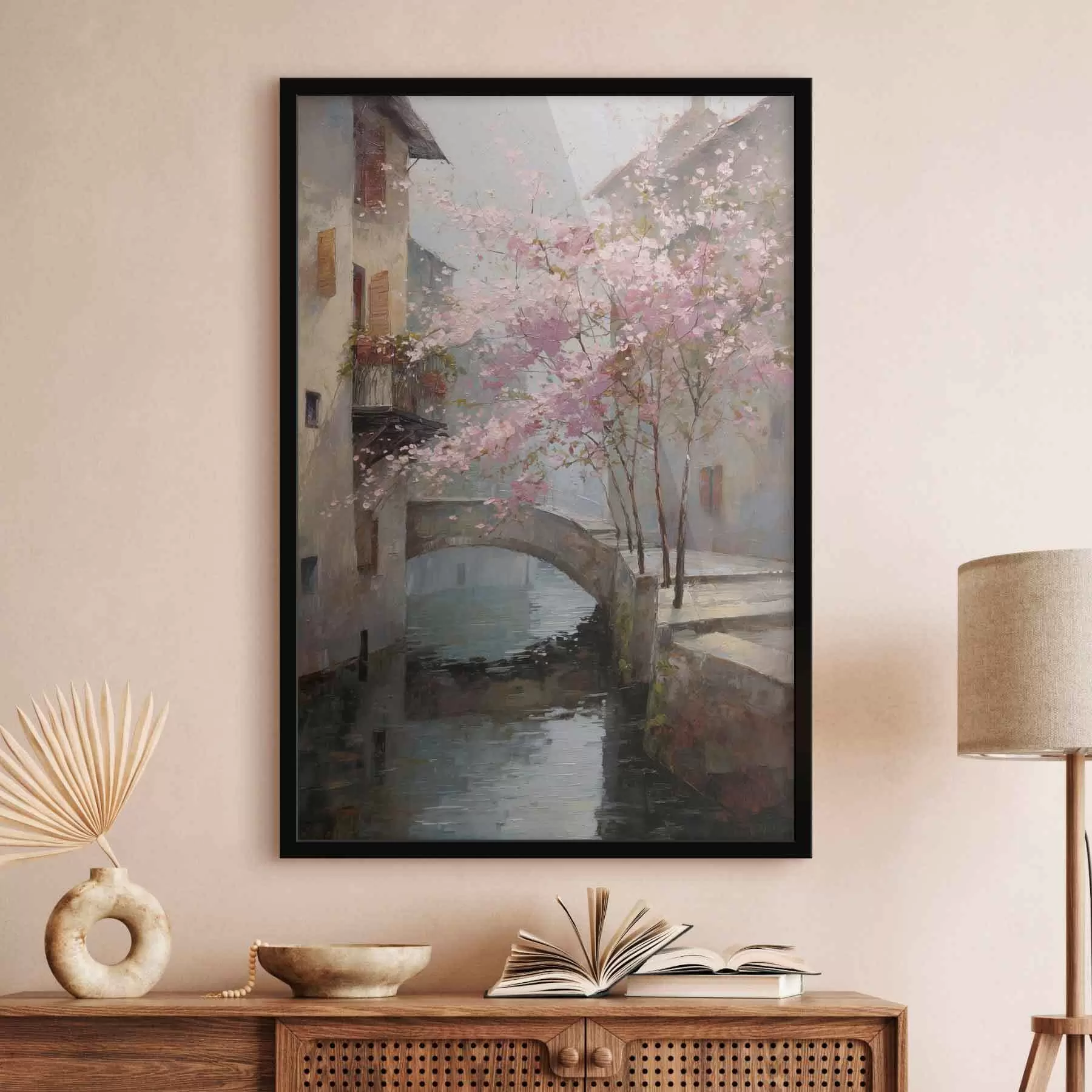 Papier peint paysage urbain romantique avec un arbre en fleurs dans le style d'une peinture à l'huile f47127