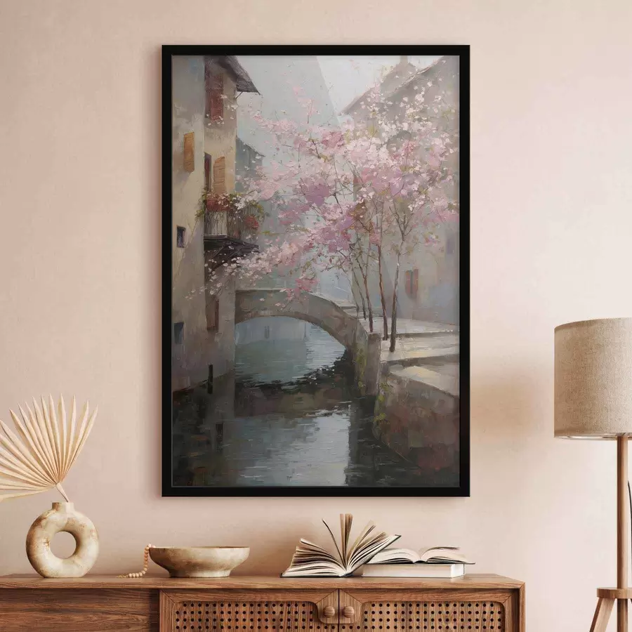 Papier peint paysage urbain romantique avec un arbre en fleurs dans le style d'une peinture à l'huile f47127