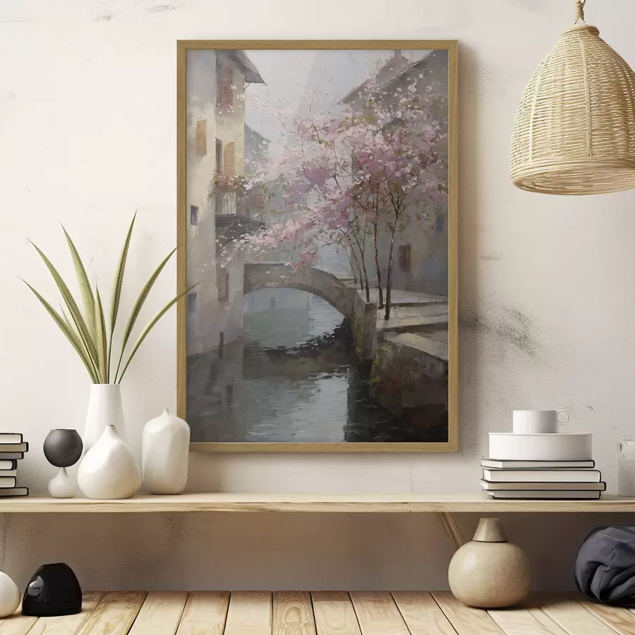 Papier peint paysage urbain romantique avec un arbre en fleurs dans le style d'une peinture à l'huile f47127
