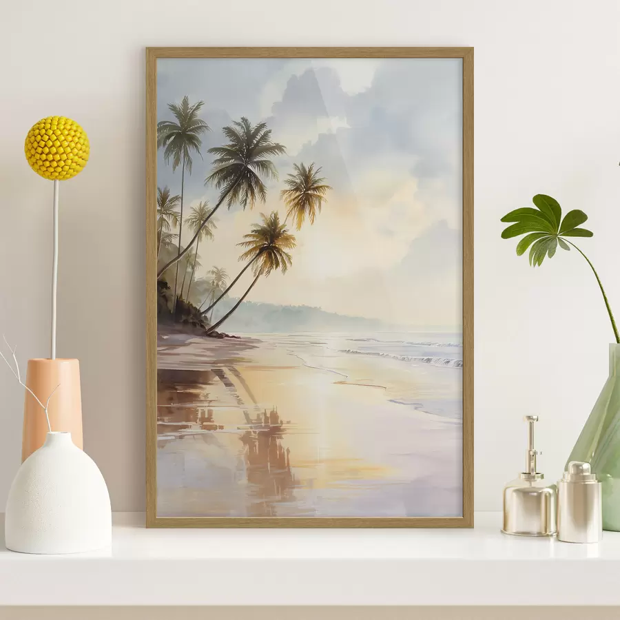 Papier peint plage au coucher du soleil sur une île, style aquarelle f47136
