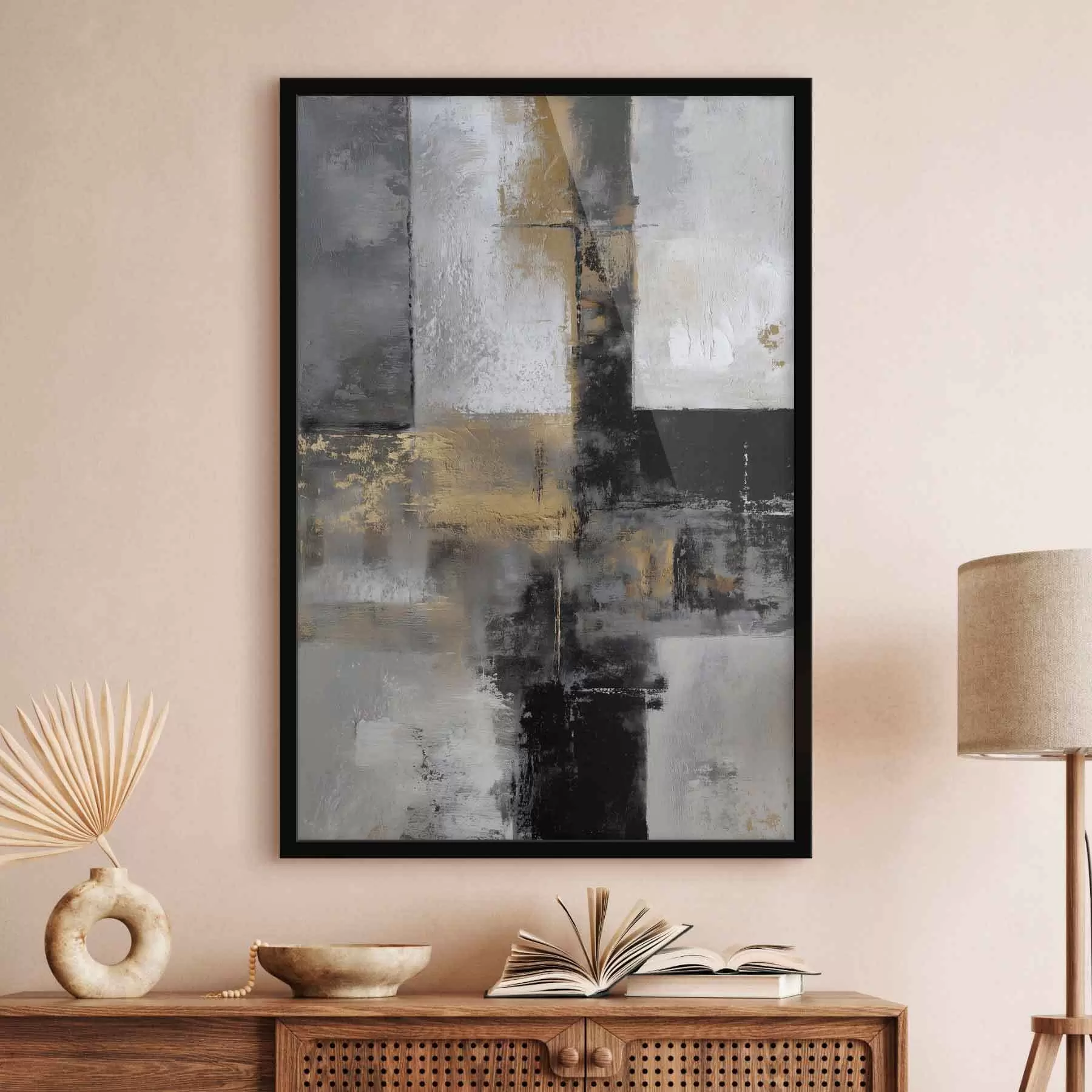 Papier peint abstraction texturale contemporaine dans des tons noirs, gris et blancs f47140