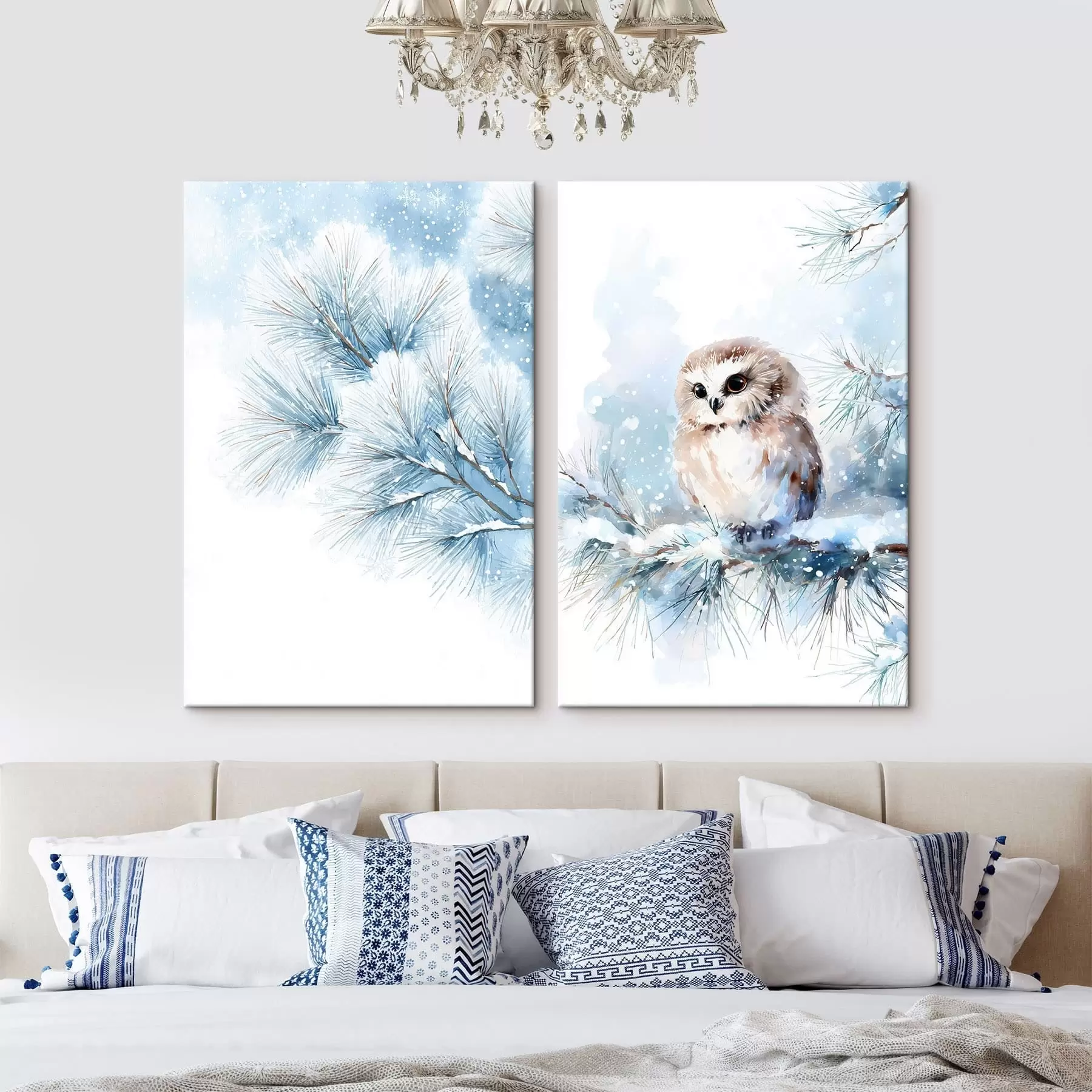 Tableau Jolie chouette sur une branche de pin enneigée, peinte à l'aquarelle m01168