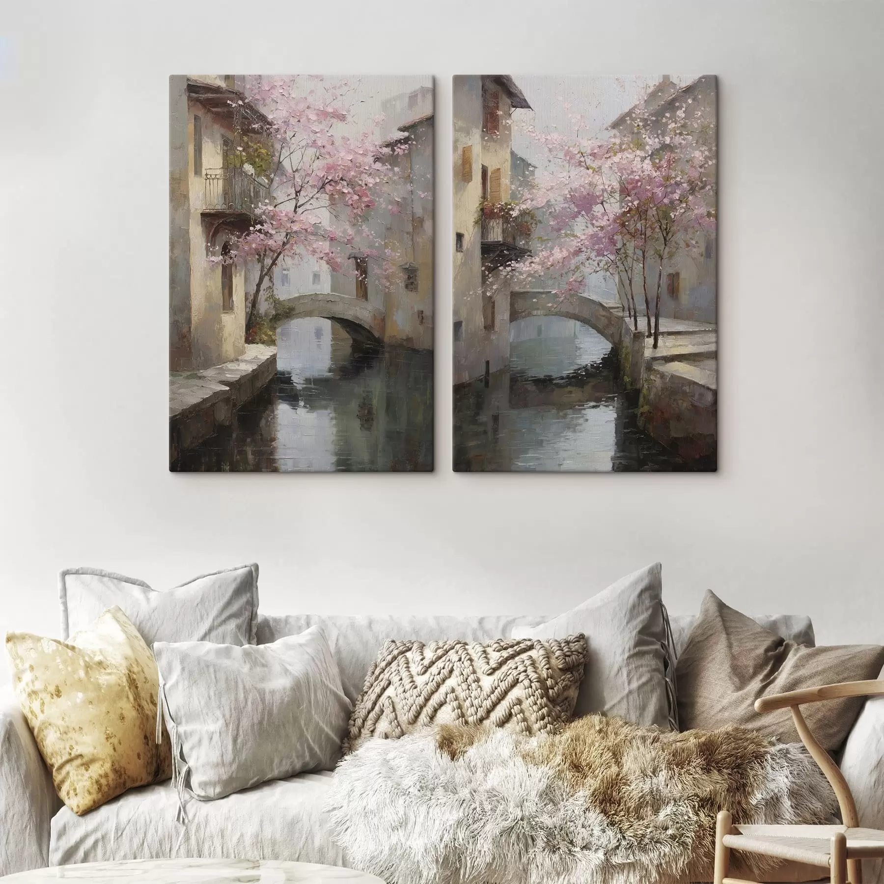 Tableau paysage urbain romantique avec un arbre en fleurs dans le style d'une peinture à l'huile m01173