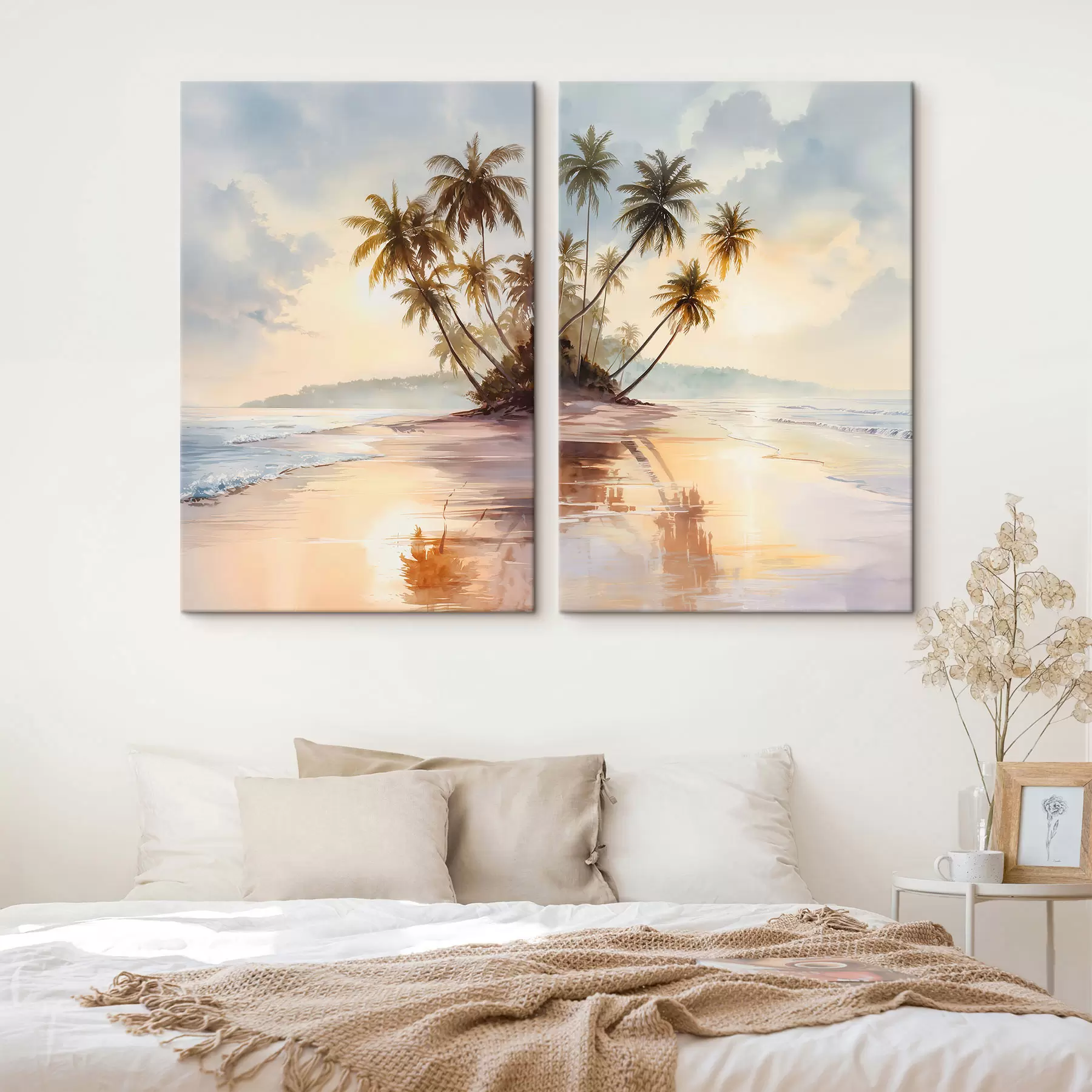 Tableau plage au coucher du soleil sur une île, style aquarelle m01177