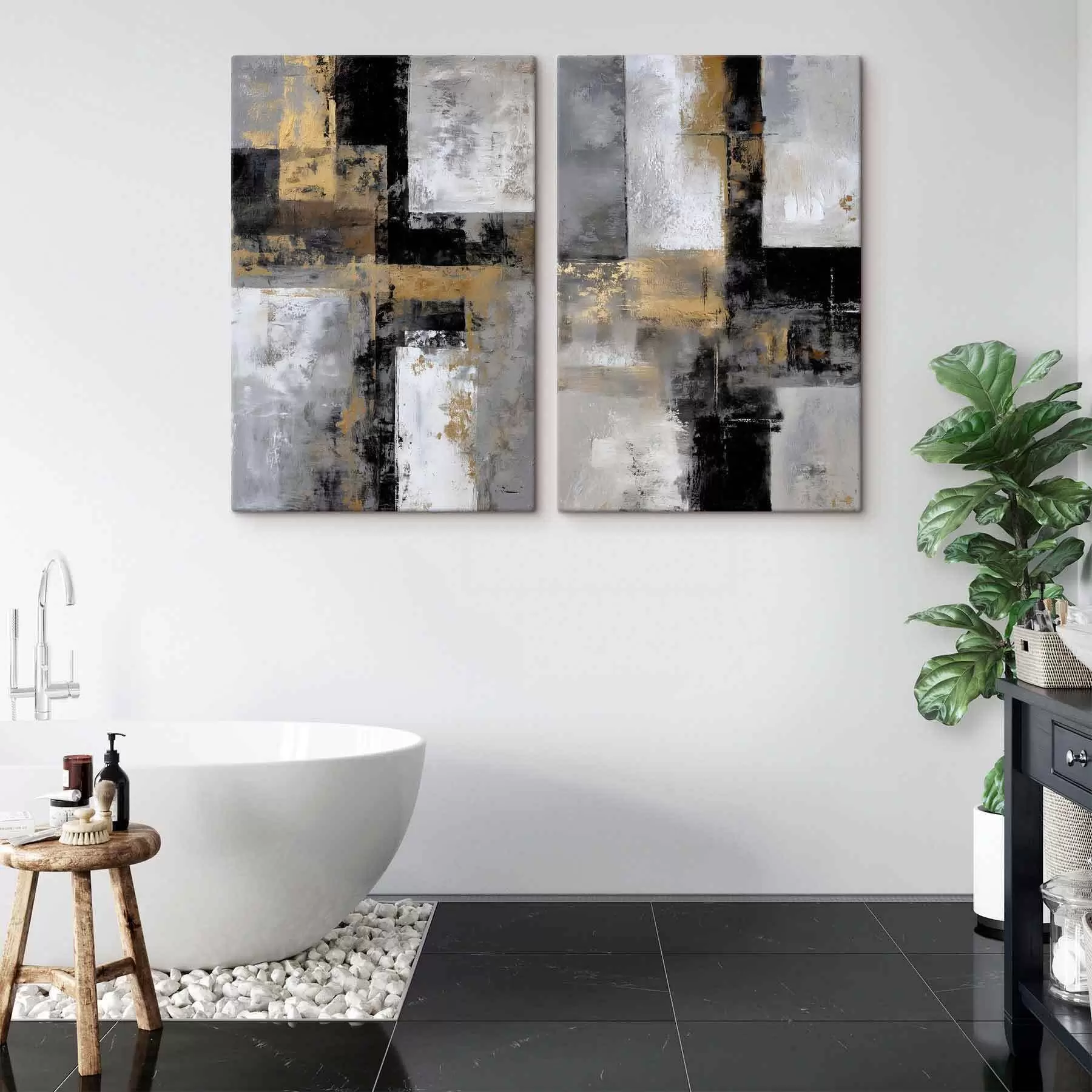 Tableau abstraction texturale contemporaine dans des tons noirs, gris et blancs m01179