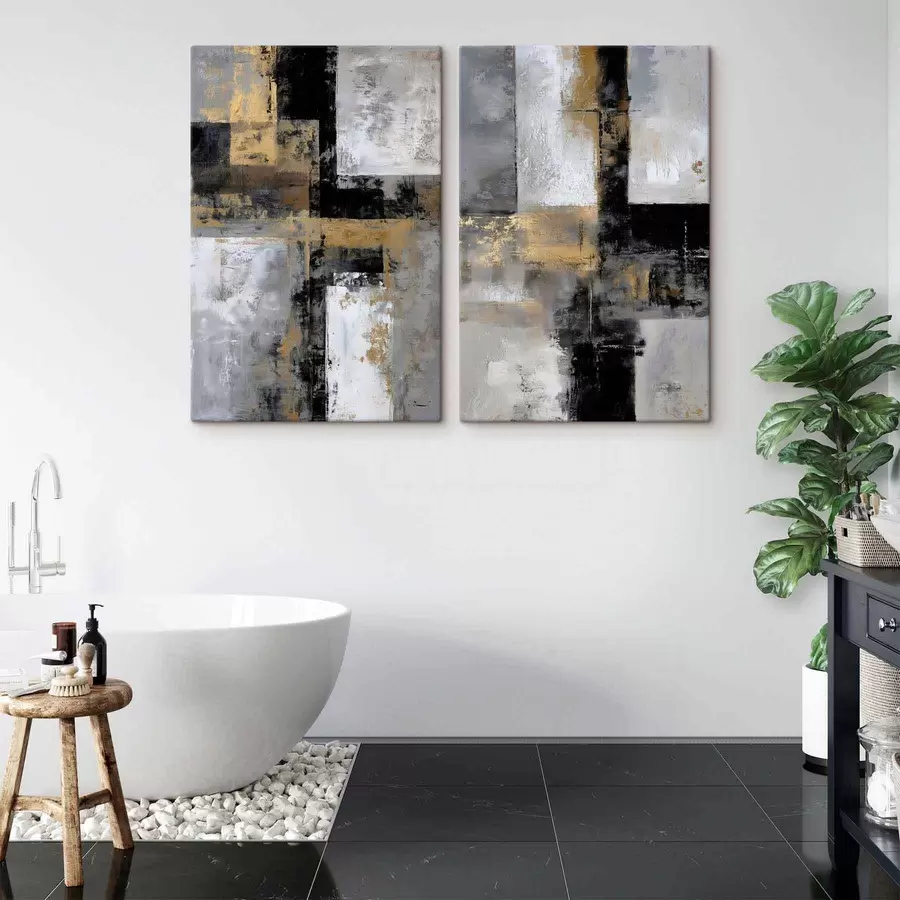 Tableau abstraction texturale contemporaine dans des tons noirs, gris et blancs m01179