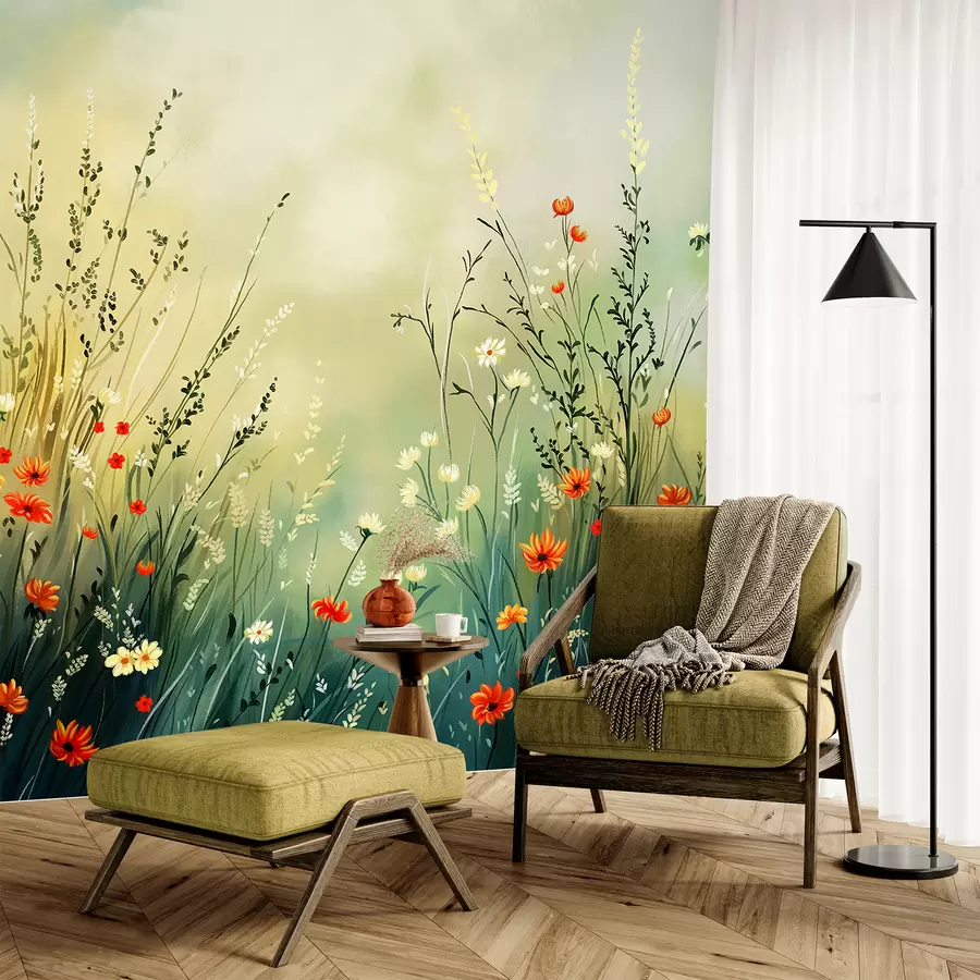 Papier peint Fleurs des champs et herbes dans un style pictural doux w05015