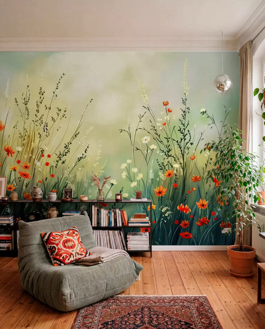 Papier peint Fleurs des champs et herbes dans un style pictural doux w05015