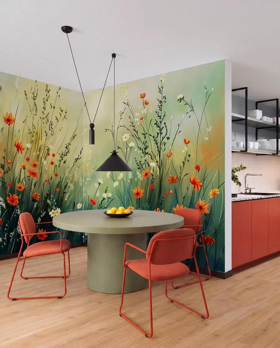 Papier peint Fleurs des champs et herbes dans un style pictural doux w05015
