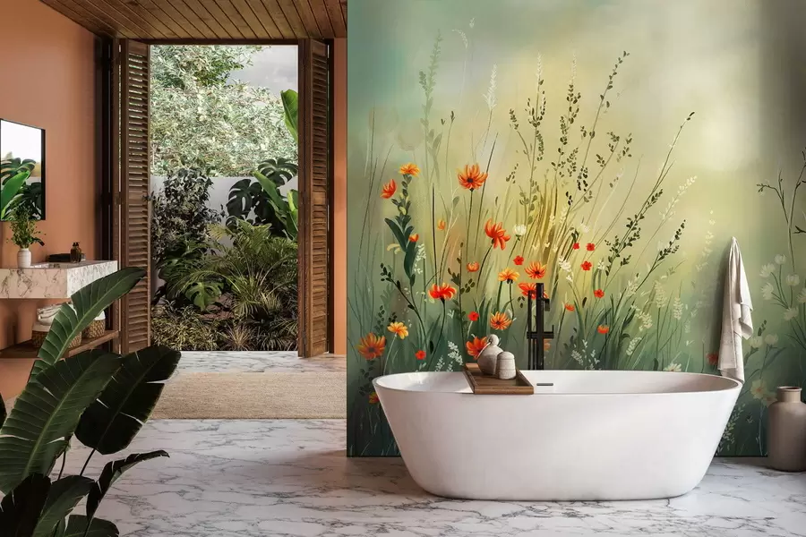 Papier peint Fleurs des champs et herbes dans un style pictural doux w05015