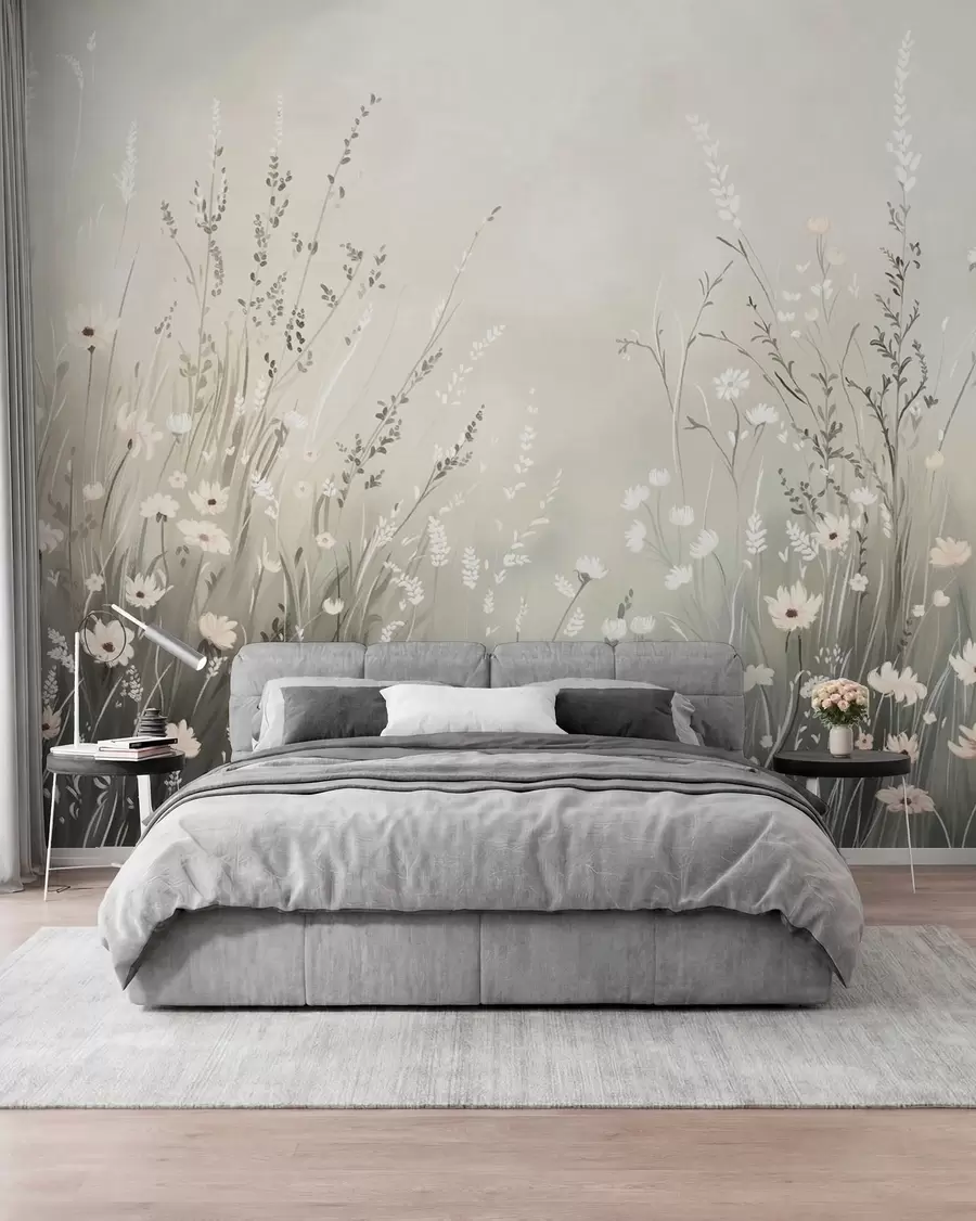 Papier peint Scène champêtre douce avec des fleurs blanches et des herbes délicates w05015v1