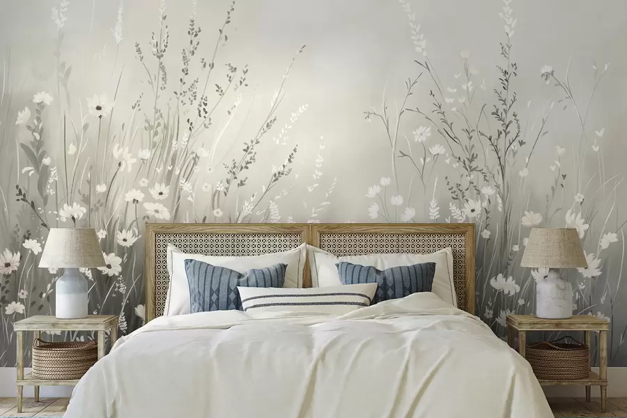Papier peint Scène champêtre douce avec des fleurs blanches et des herbes délicates w05015v1