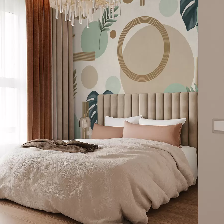 Papier peint Motif géométrique avec des feuilles dans une palette de couleurs vertes w05018v1