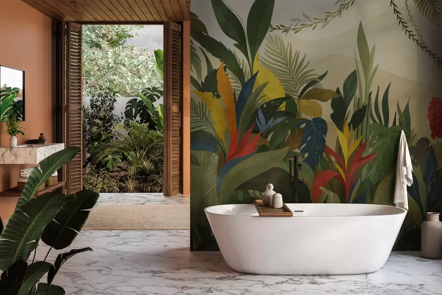 Papier peint Feuillage tropical avec de grandes feuilles et fleurs w05019