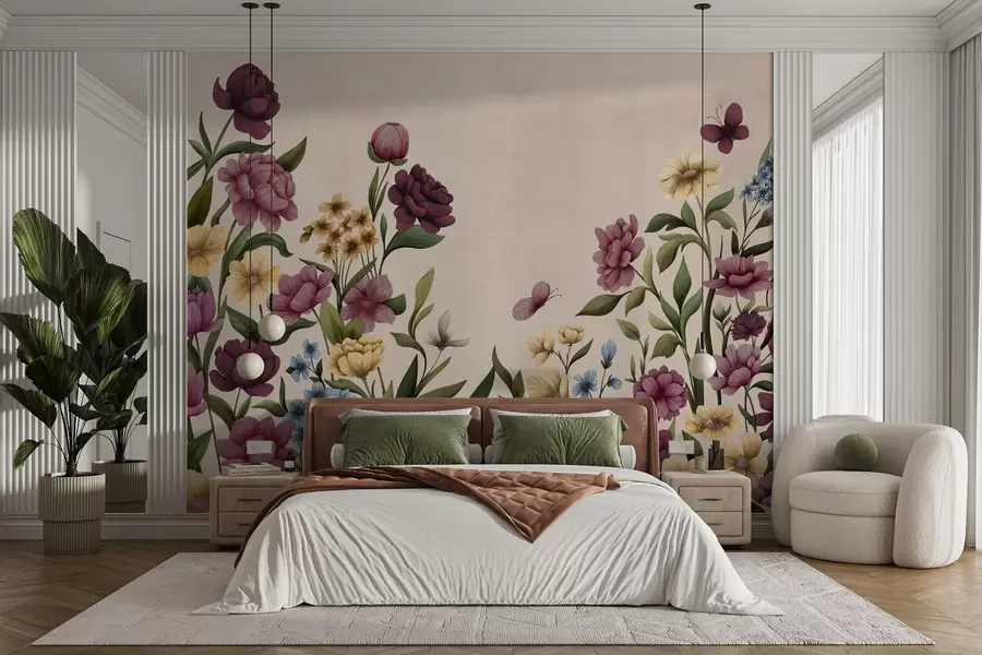 Papier peint Composition florale avec des plantes et des papillons sur fond clair w05072